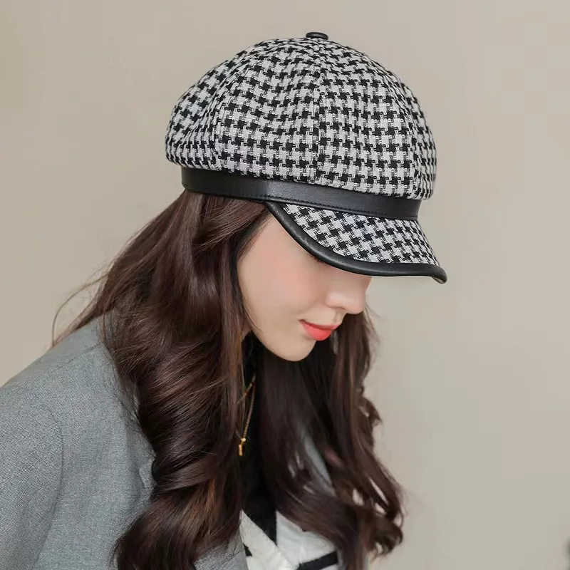 Fashion Woman\'s Houndstooth Beret Hat Ladies Higt Quality Octagonal Hat Girl Vintage Autumn Winter Painter Cap Female Koren Hat