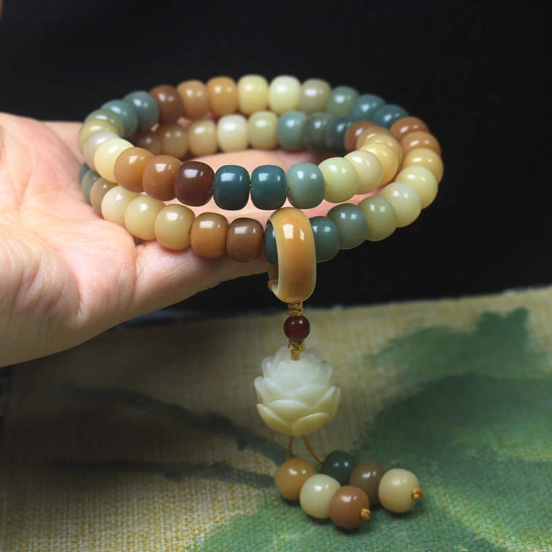 Dunhuang Wentyan Bodhi Bucket Bead Bracelet with Lotus Pendant, White Jade Bodhi Prayer Beads, Multi-loop Handheld