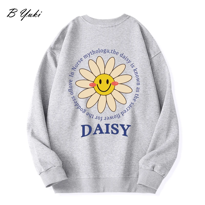 Blessyuki Schattige Zonnebloemprint Hoodies Vrouwen 2023 Herfst Winter Eenvoudige Lange Mouwen Basis Losse Pullover Vrouwelijke Casual Retro Top