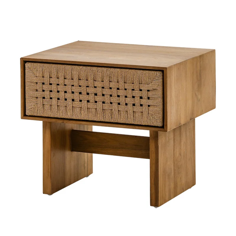 

Solid wood bedside table rattan woven drawer side cabinet square simple small cabinet B & B hotel braided rope furniture