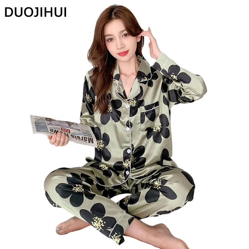 DUOJIHUI Fashion 3XL-8XL Casual Pajamas for Women Autumn Printed Single Breasted Cardigan Loose Pant Simple Female Sleepwear Set