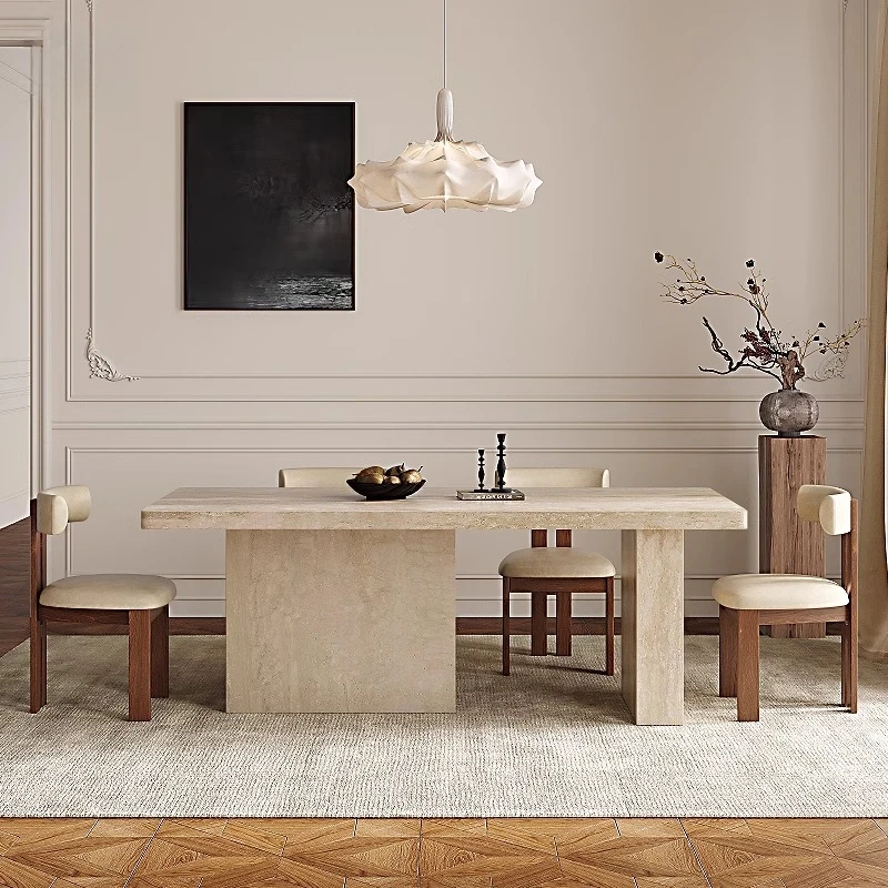 

Travertine rock slab dining table and chair combination, household French retro bottom hanging rectangular dining table