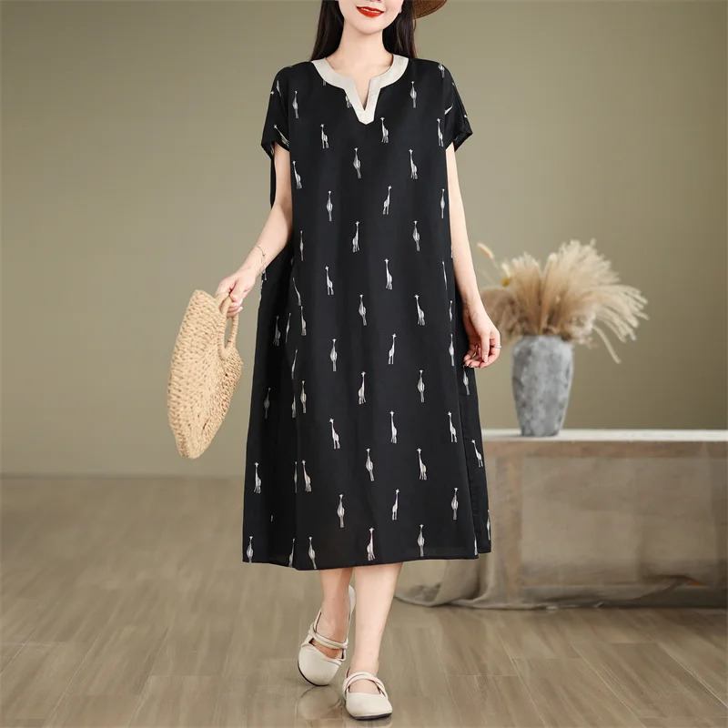 

Женское летнее платье в стиле ретро из льна, свободного кроя, средней длины, с принтом, для повседневной носки, с V-образным вырезом, из тонкой хлопковой смеси