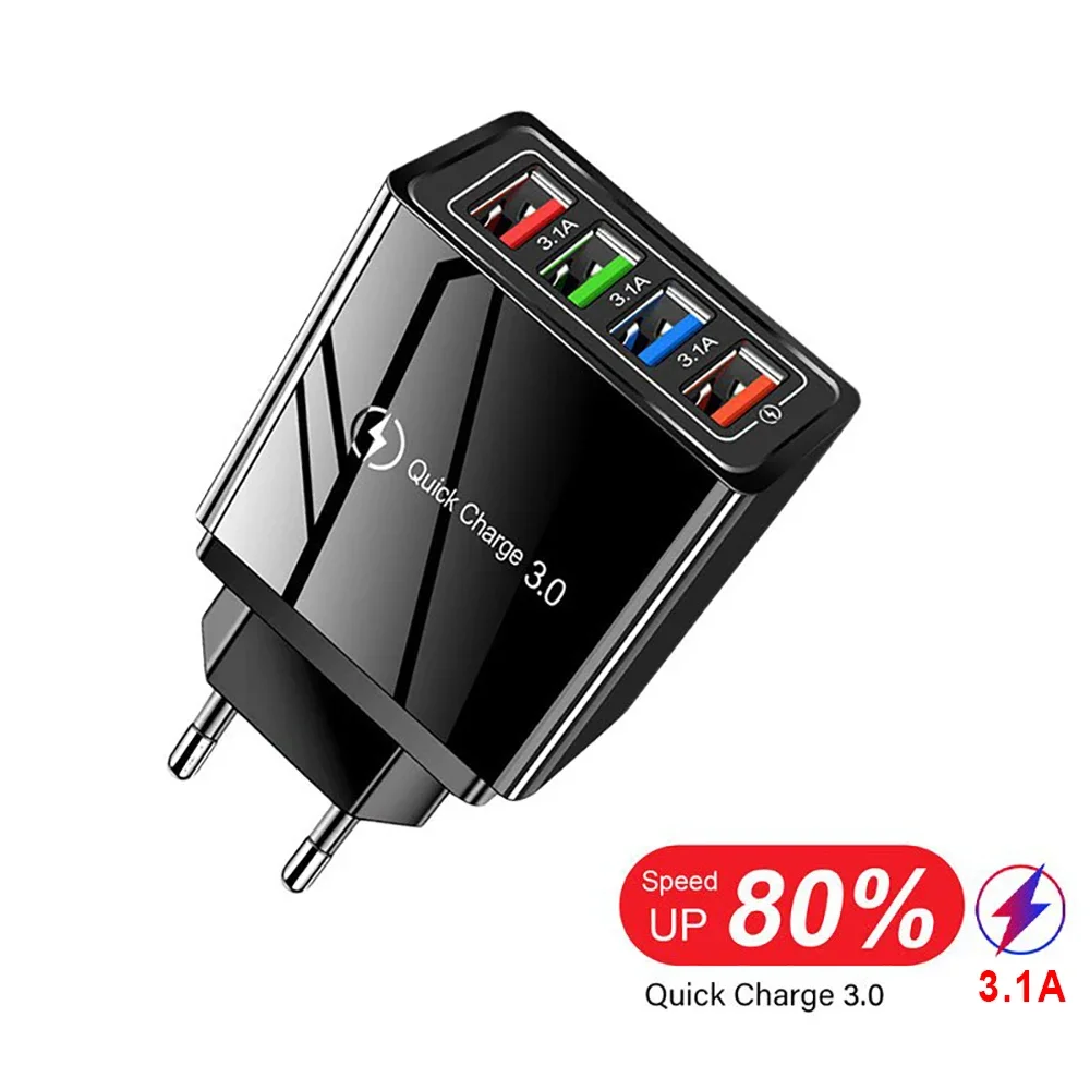 3.0 Quick Charger 4 Port USB Fast Charge For IPhone 11 Samsung S9 Huawei Xiaomi Power Adapter EU US Plug Black White