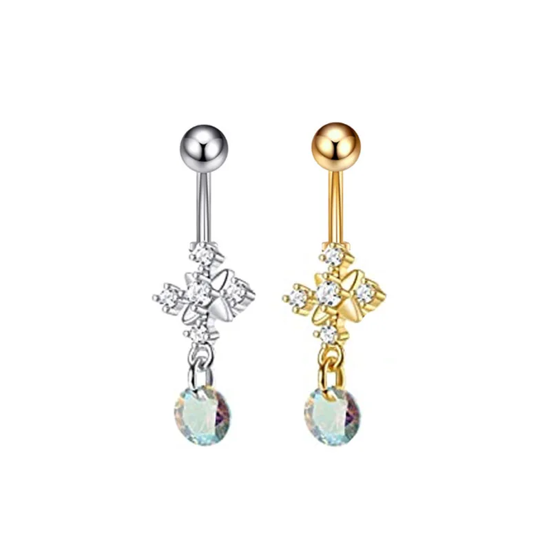 1Pcs Heart Dangled Belly Button Rings Surgical Steel Bar Navel Piercing Ring Crystal CZ Moon Flower Heart Belly Ring Ear Jewelry