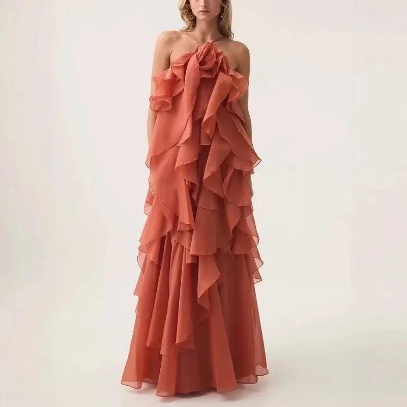 

Women Elelgant 3D Floral Maxi Dress Solid Color Summer Lady Loose Pleated Halter Dress Female Sexy Sleeveless Ruffles Dresses