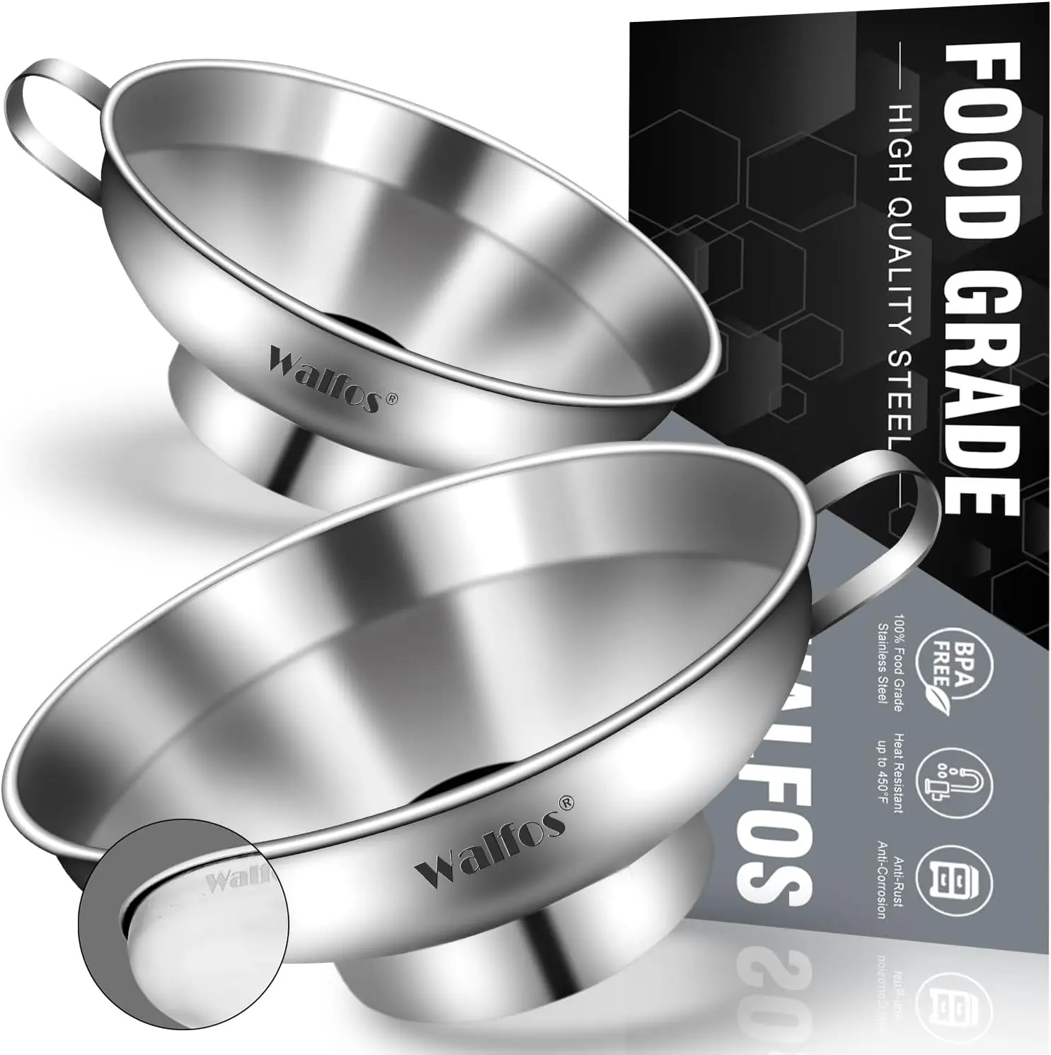 Paquete de 2 Embudos de Boca Ancha de Acero Inoxidable con Asa para Frascos Mason, Conservas y Transferencias en la Cocina