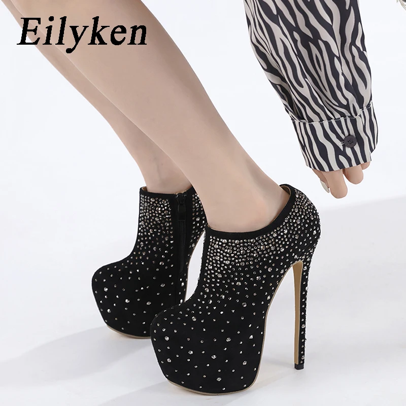 Eilyken Spring Thin Heels Fashion Round Toe Pumps Women CRYSTAL Zip Platform Extreme Club Boots Pole Dancing Shoes Zapatos Mujer