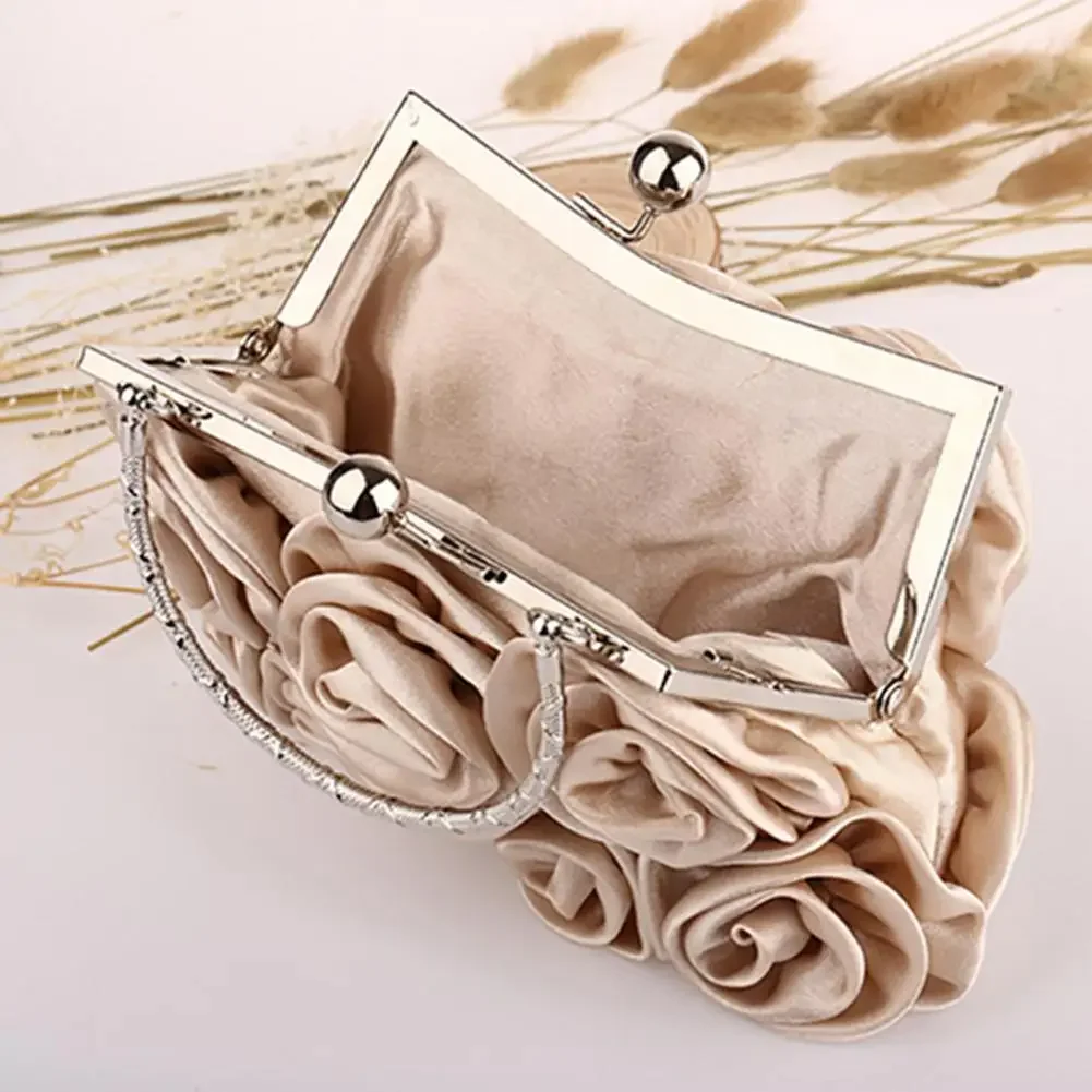 Sweet Memory Zijde Roos Bloem Handtas Bruiloft Bruids Clutch Bag Metalen Ketting Schoudertas Dame Crossbody Tassen Portemonnee Chique Tote Bag