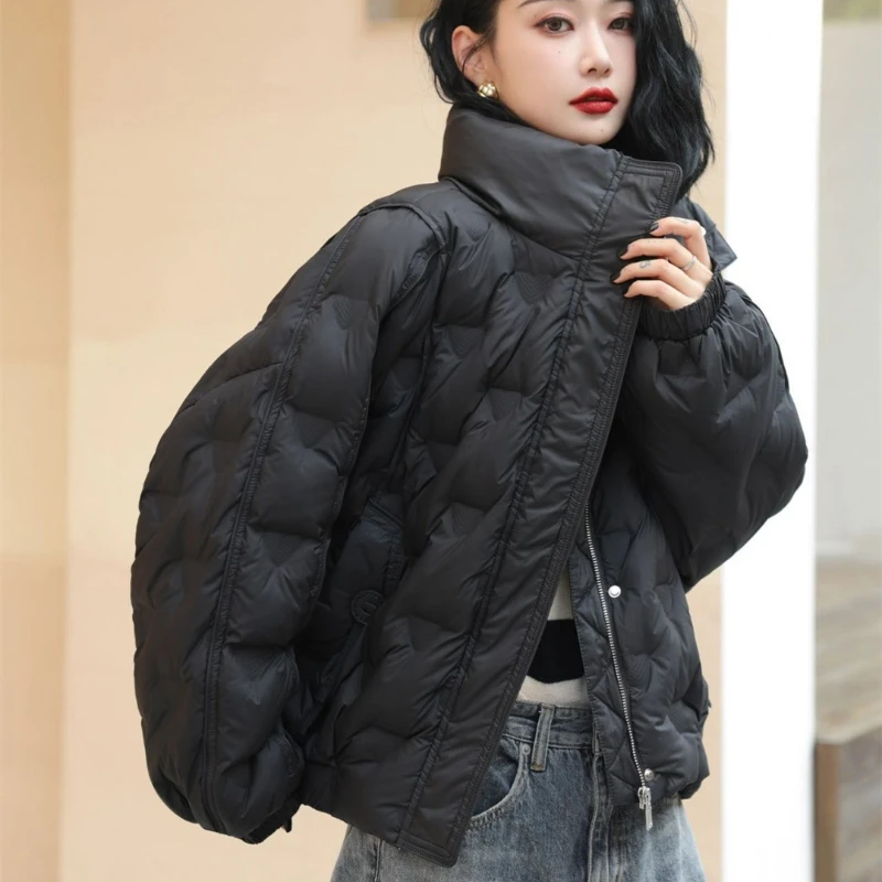 Women's Casual Puffer Jacket with Pockets, Stand-up Collar, Thick, Loose, Warm, Snow Coats, Simple, Monochromatic, Winter, New