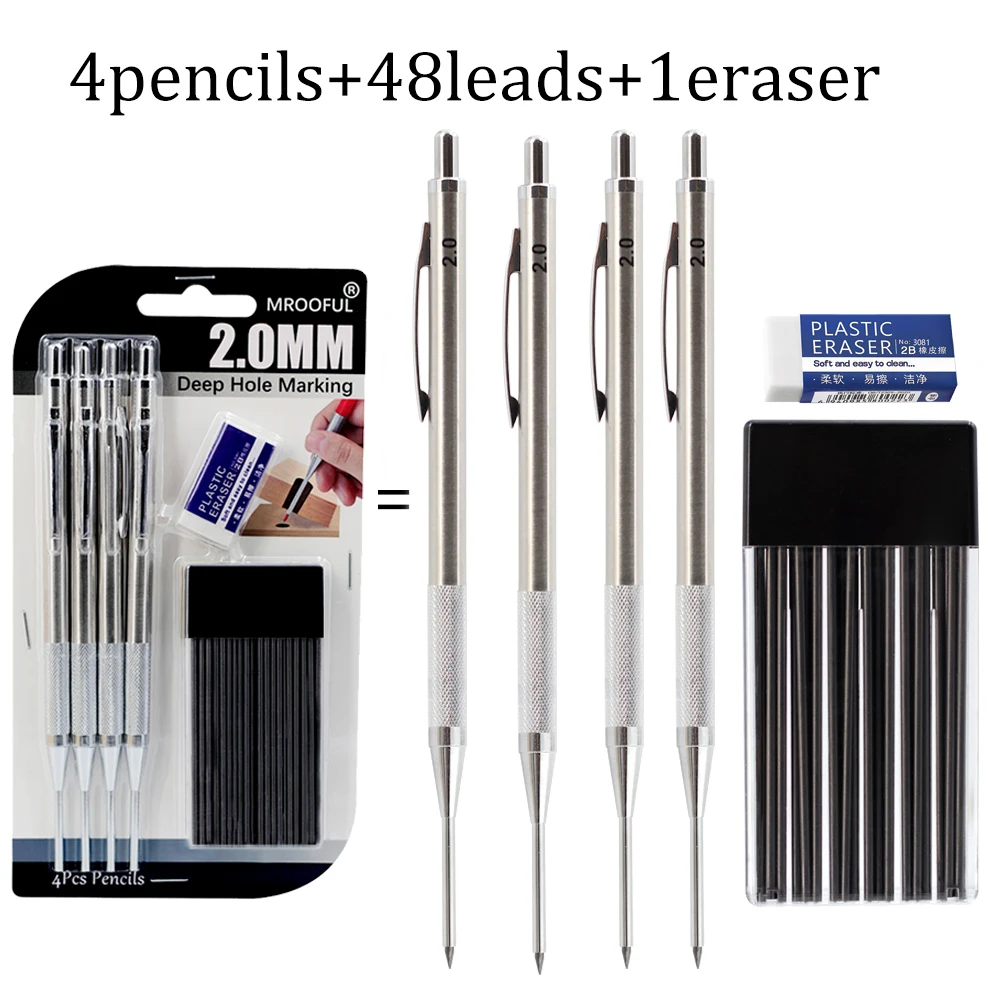 3 Stijlen 2.0mm Lange Punt Timmermans Mechanisch Potlood Set Voor Diepe Gat Markering, Automatisch Potlood Ingenieurs Tekenen Markeringstool