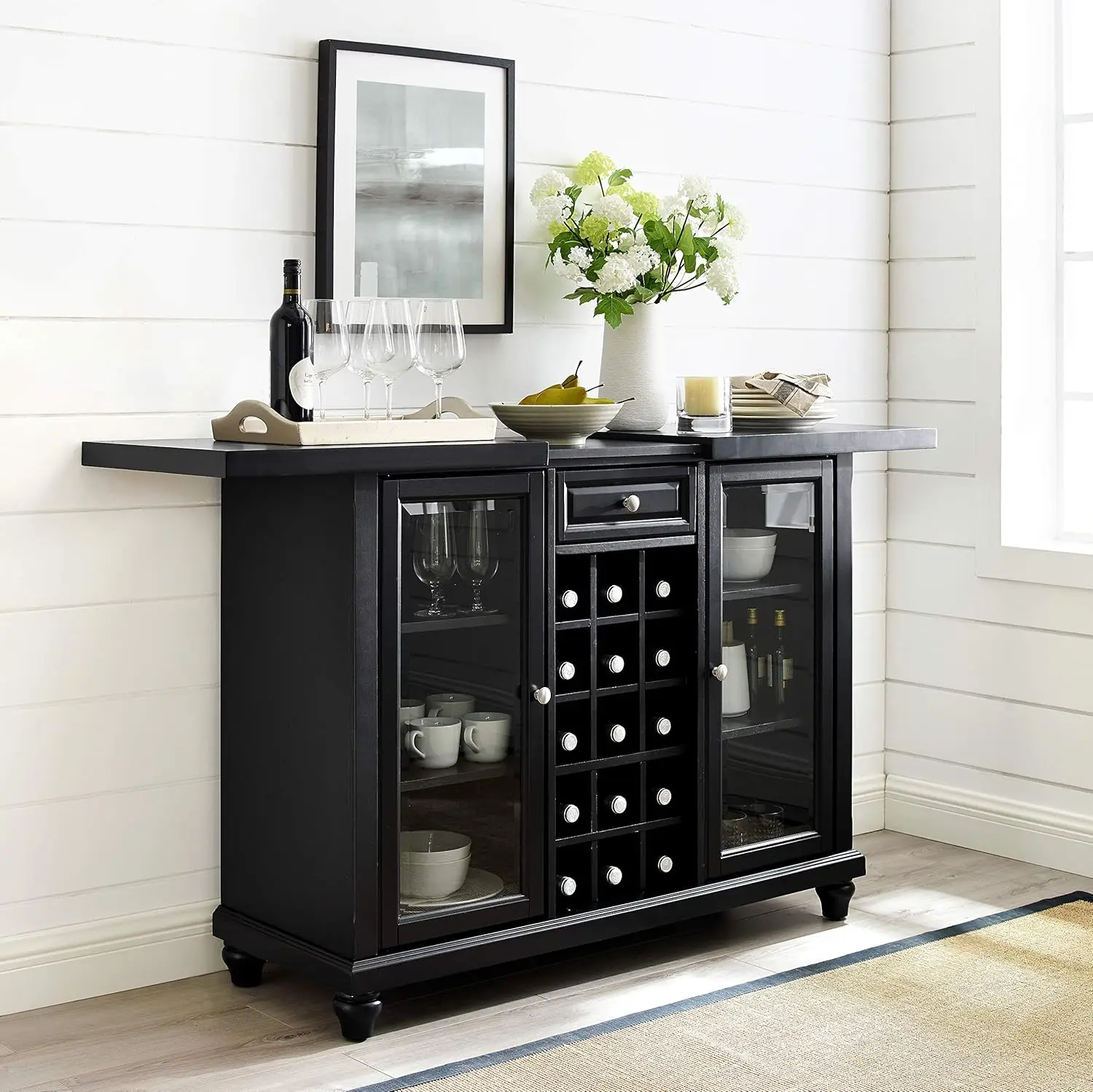 Cambridge Sliding Top Bar Cabinet With Storage Shelves, Drawer, And Wine Rack, Black