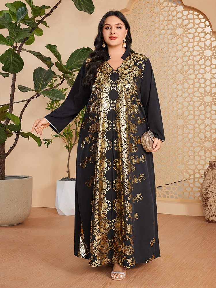 Muslim Arab Female Loose Casual Retro Ethnic Printing Black V-Neck Full Sleeve Clothing Abaya Women Dubai Long Dress Plus Size