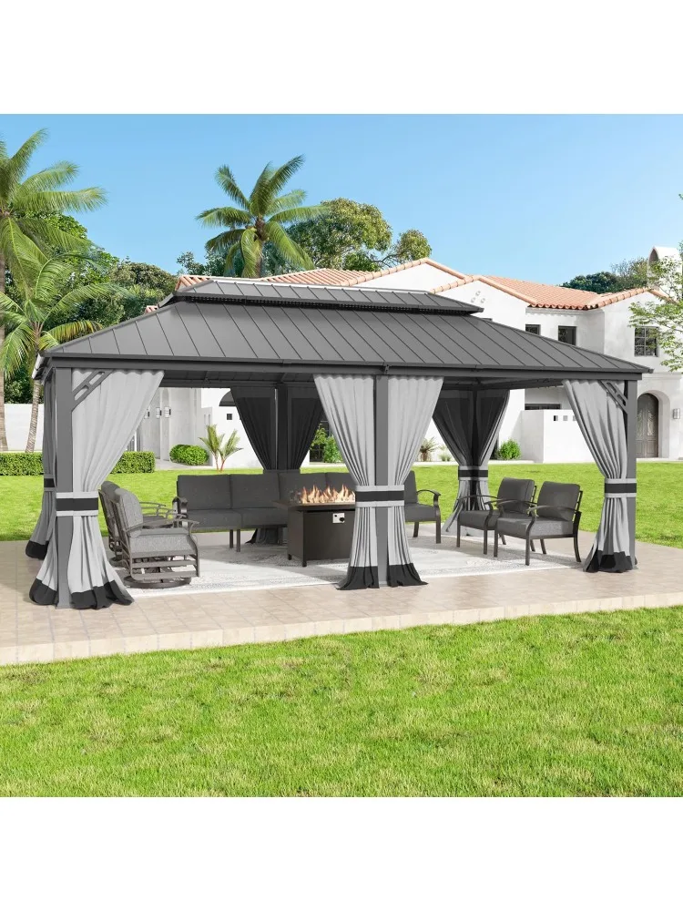 

Альтанка, уличная беседка на двойной крыше из оцинкованной стали с занавесками и сеткой для патио, заборов, свечей, серого цвета