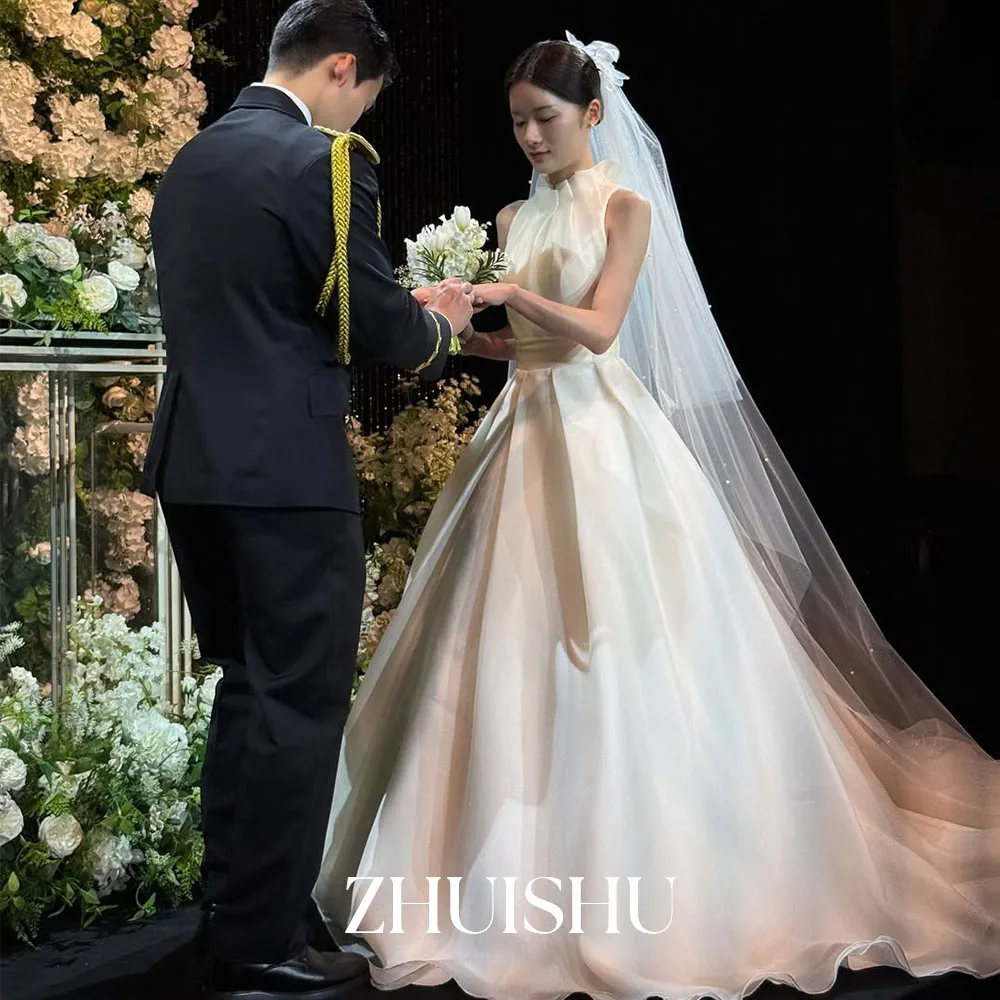 ZHUISHU Customized High Collar Pleated Korean Wedding Dresses Elegant Sleeveless A Line Bridal Gown Silk Organza Bride's Dresses