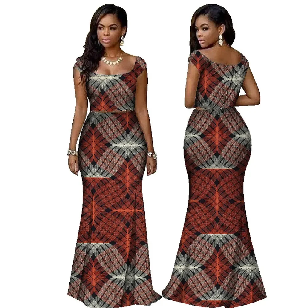 

African Print Two Piece Set Dashiki African Clothes for Women Bazin Square Collar Sleeveless Crop Skirt and Top WY1168