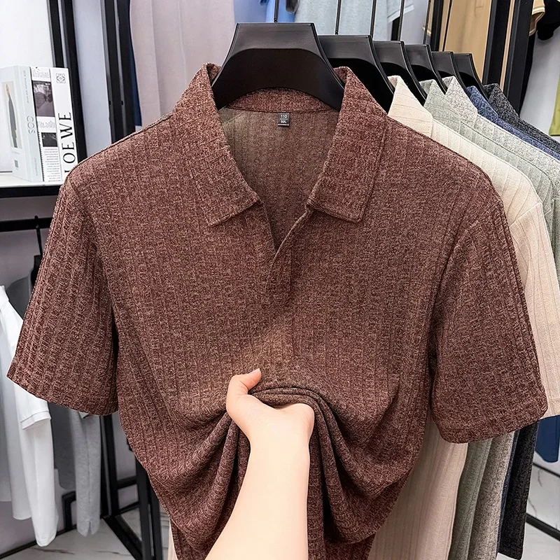 Mens Vertical Rib V Neck Polo Shirts Summer Casual Moisture Wicking Stretch Tops for Men Daily Office Wear