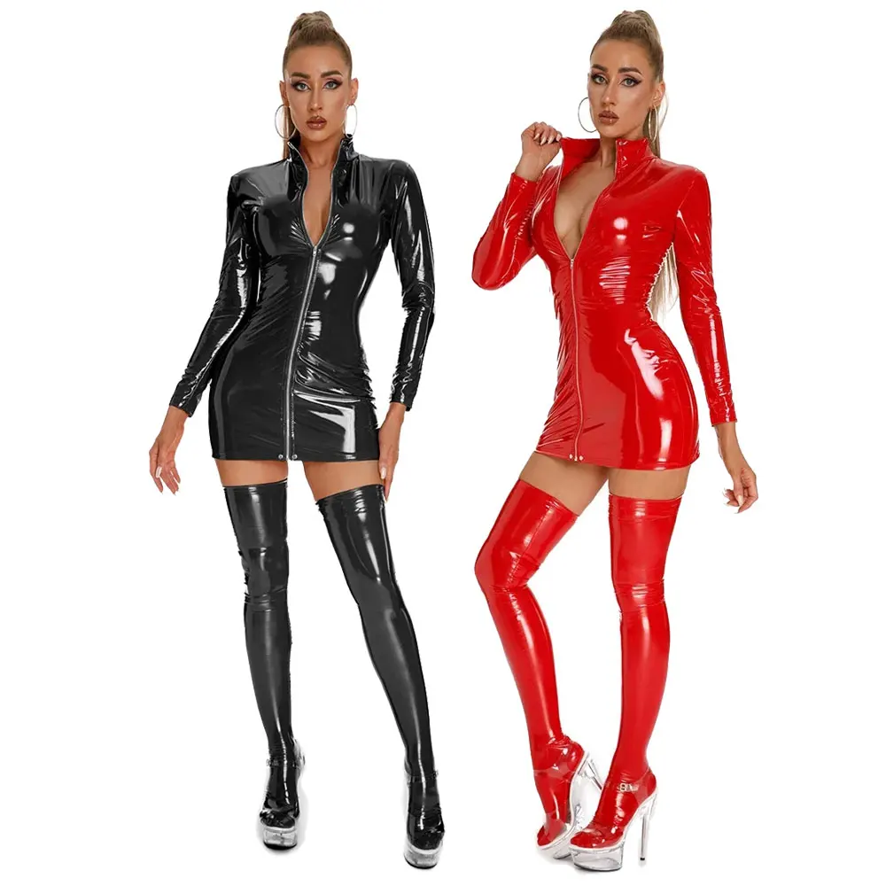 

Women Shiny Leather Dress Erotic Zipper Open Crotch Latex Sheath Bag Hip Skirt Sexy PVC Latex Pack Hip Dress PU Leather Dresses