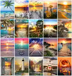 AZQSD 5D Diamond Art Painting Kits Seaside Sunset Bridge Picture Of Rhinestones Diamond Embroidery Scenic Mosaic Love Home Decor