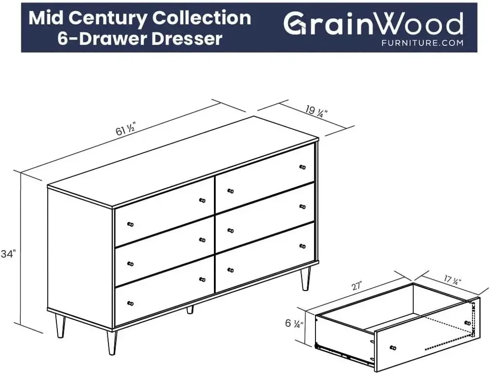 Grain Wood Furniture Mid Century 6-Drawer Dresser, Brushed Walnut