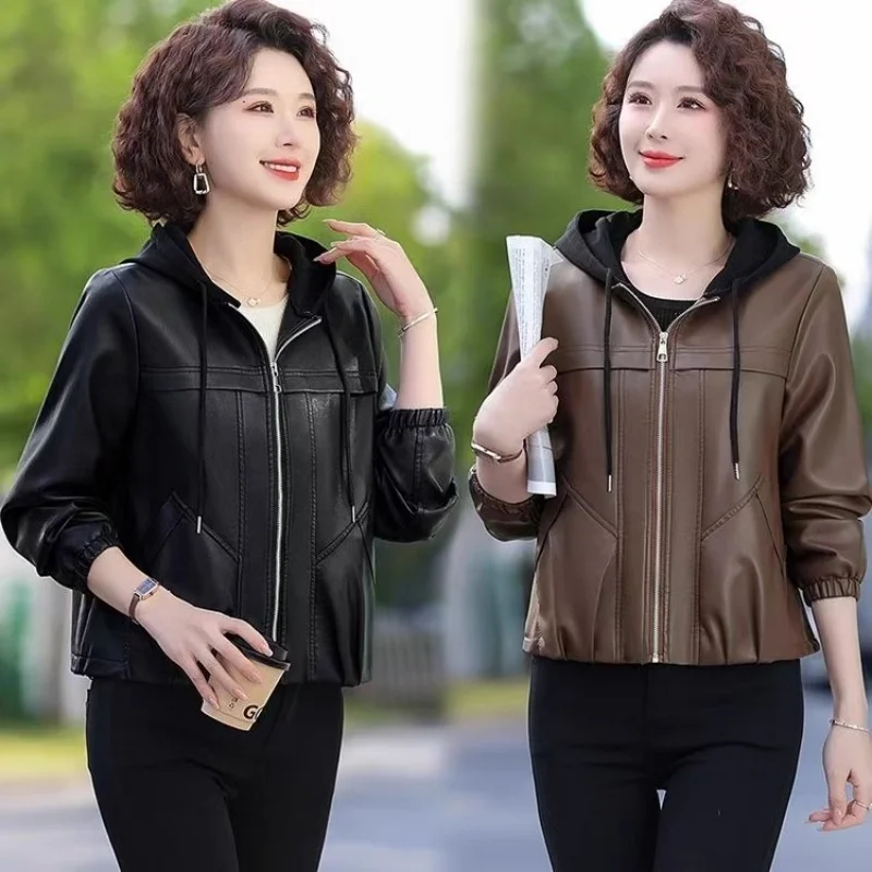 2025 Autumn Fashion Hooded PU Leather Jacket For Women Loose And Versatile Stylish Casual Coat Top w509