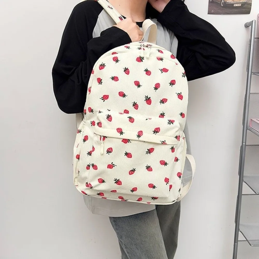 Strawberry Corduroy Backpack Lightweight Solid Color Students School Bag Large Capacity Adjustable Shoulder Straps