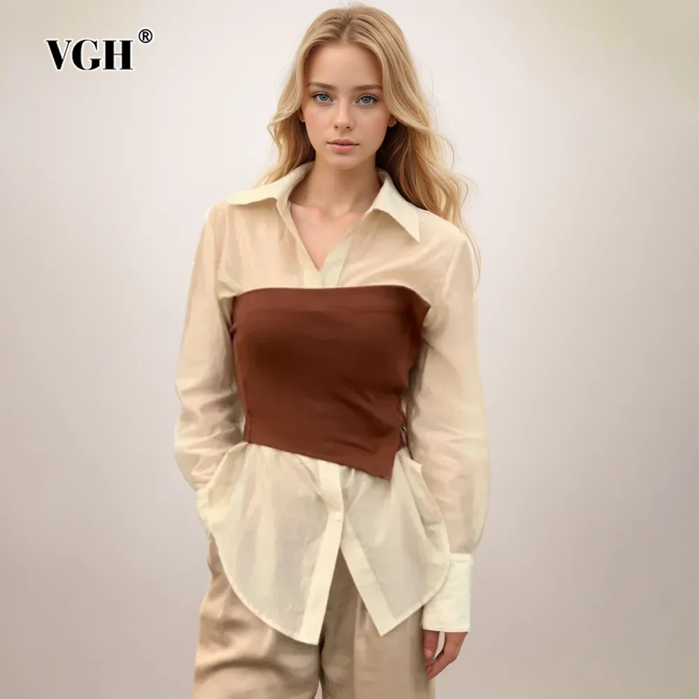 VGH Hit Color Slimming Shirts For Women Lapel Long Sleeve Pstchwork Single Breasted Tunic Temperament Blouses Female Fashion New