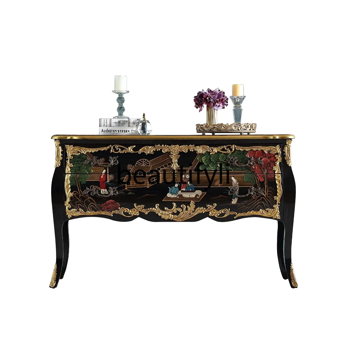 

Retro tripe entrance cabinet Solid wood high-end court style storage side cabinet