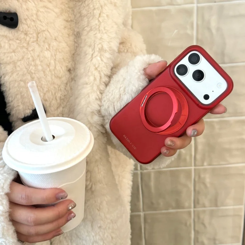 

Simple Red Color Magnetic Rotating Stand Phone Case For iPhone 17 Pro 16 15 14 Pro Max Back Cover For Magsafe Cute Protective Ca