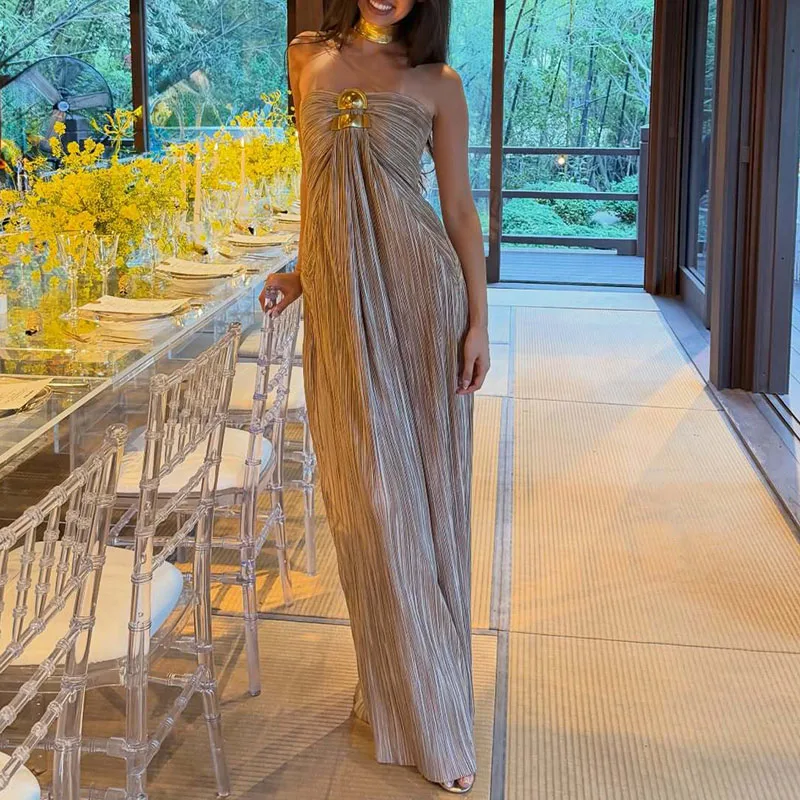 Robe de soirée élégante sans dos, couleur unie, style princesse, sans manches, ajustée, pour charité, simple et tendance, sans bretelles, pour femme, été