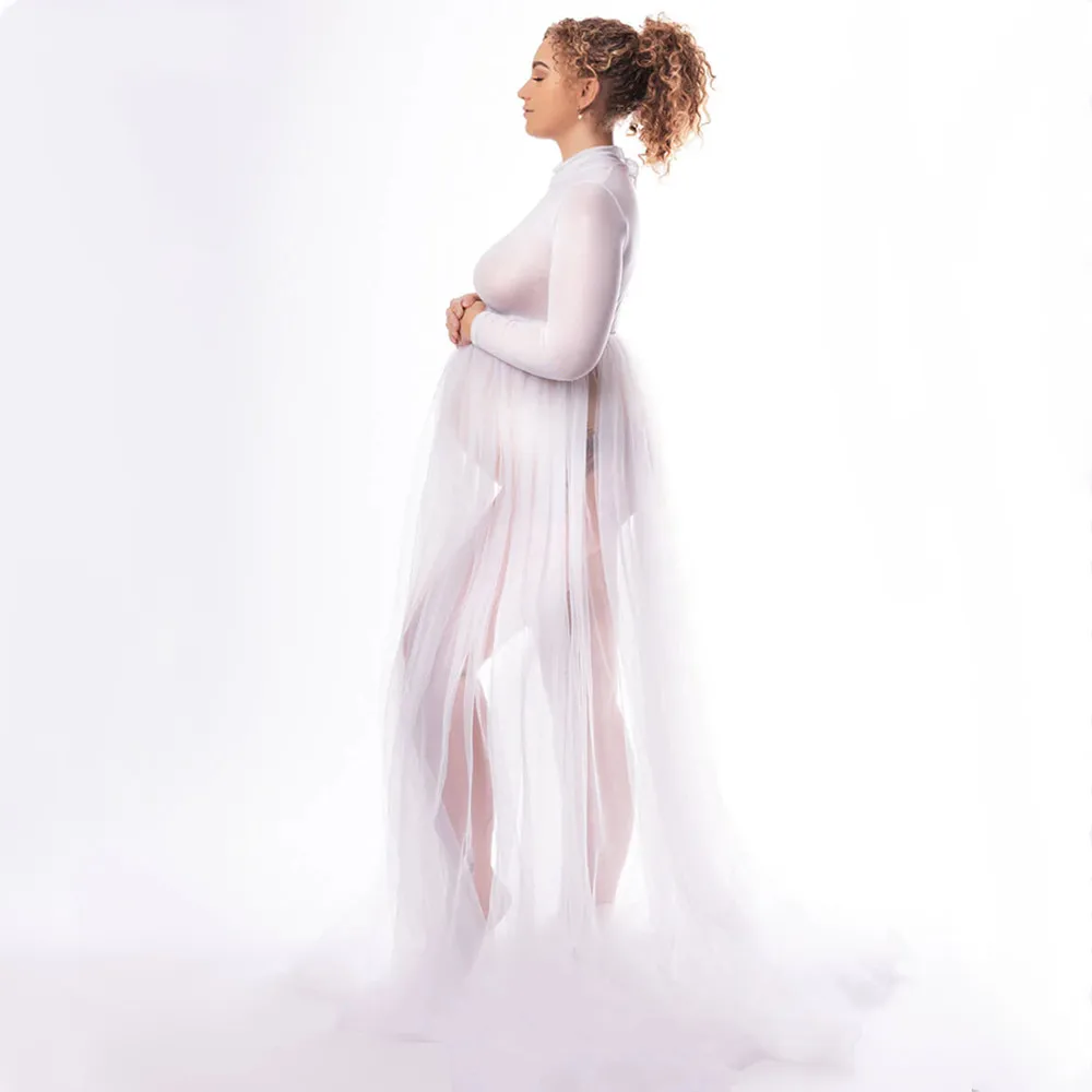 High Neck Stretchy Mesh Maternity Photography Tulle Dress Full Sleeve See Through Pregnancy Mesh Maxi Dress For Photoshoot