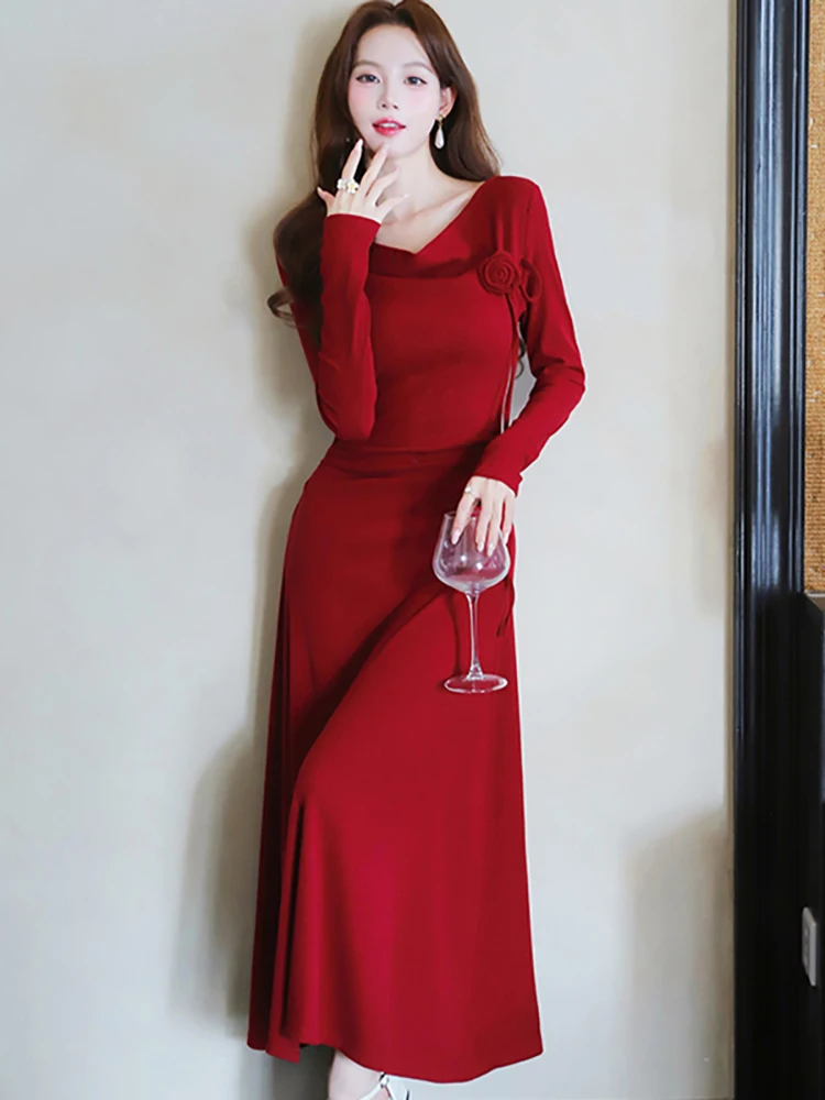 

2025 Red Long Sleeve Bodycon Chic Evening Dress Autumn Winter Elegant Luxury Long Dress Women Korean Vintage Festival Prom Dress