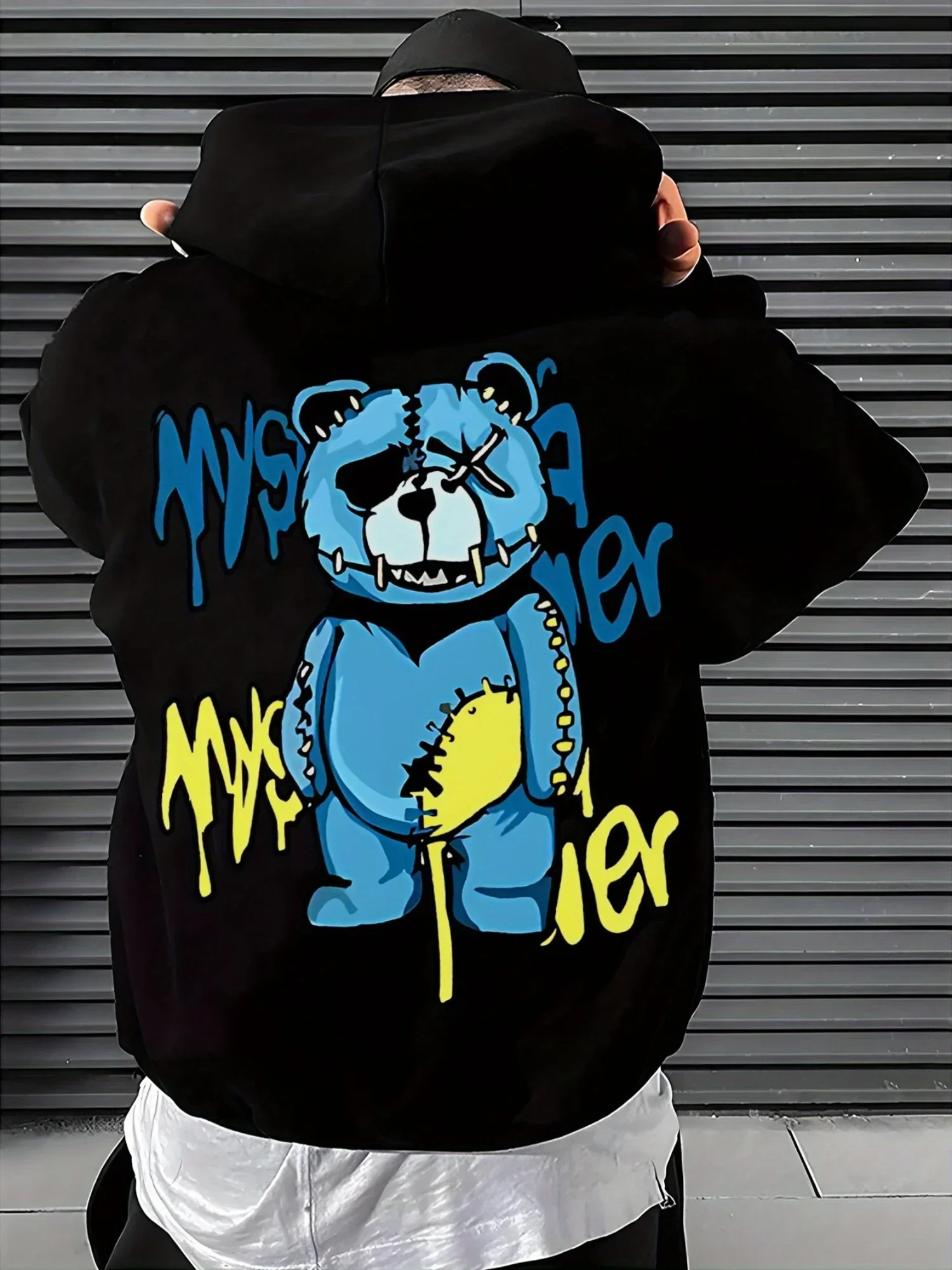 Street style men's winter and autumn quilted long-sleeved hooded hoodie with spliced evil teddy bear pattern and hood