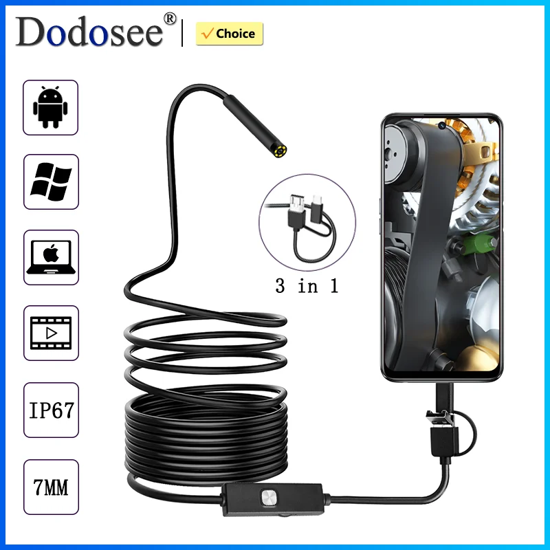 도도시 신형 7MM 내시경 카메라 방수 산업용 내시경 6LED TYPE-C USB 안드로이드용 검사 카메라 보어스코프