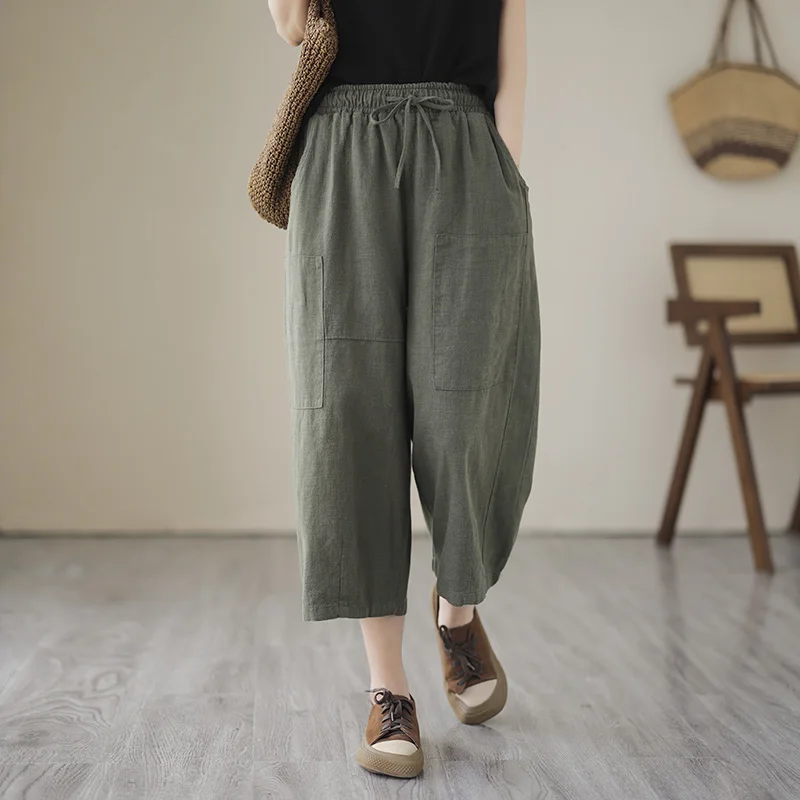 Pantalon à jambes larges en coton et lin pour femmes, taille élastique fine, amincissant, décontracté, ample, Tube droit, pour les déplacements, été