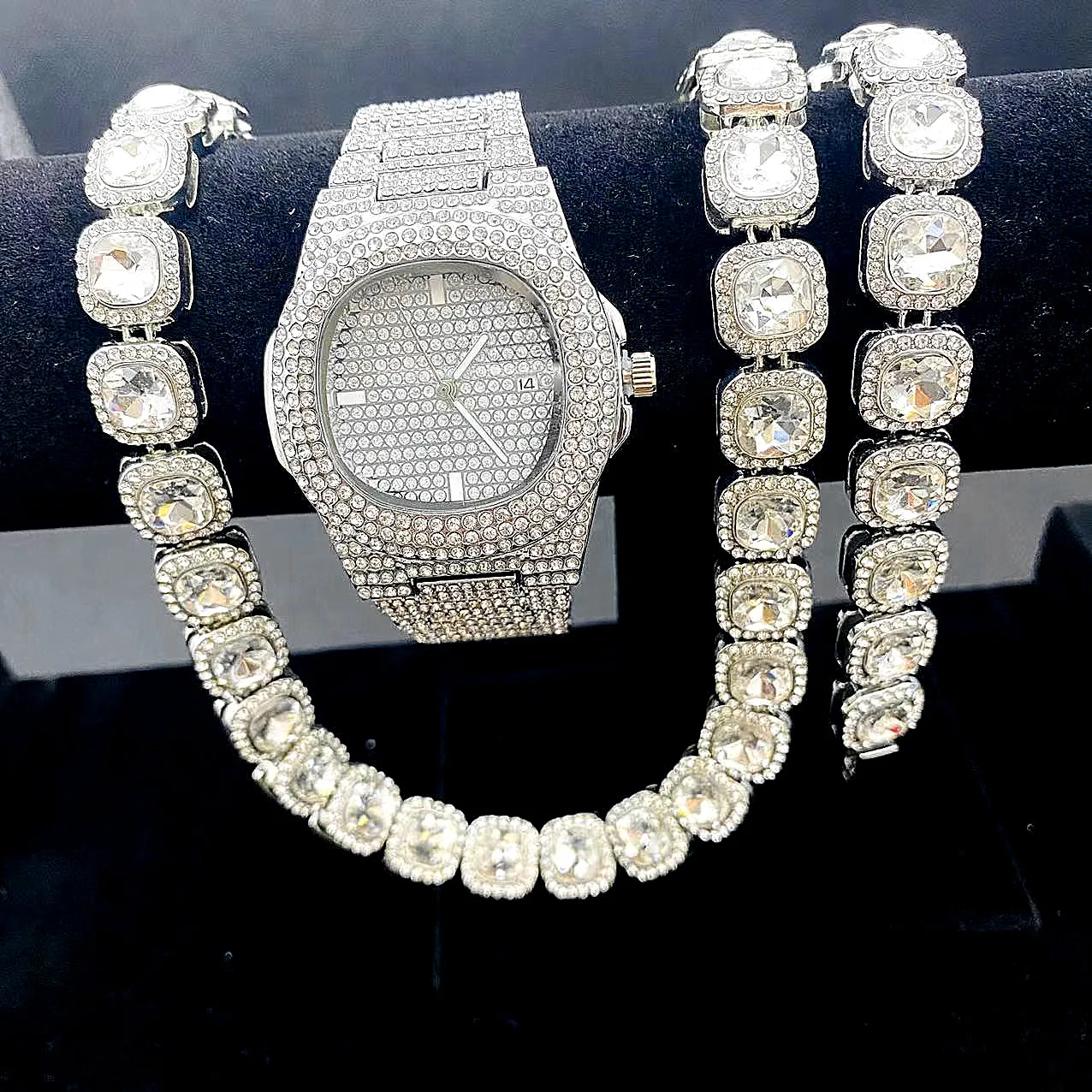 3 pçs iced out relógio + pulseira + colares para homens mulher casal relógio de ouro link correntes bling jóias conjunto para relógios masculinos reloj