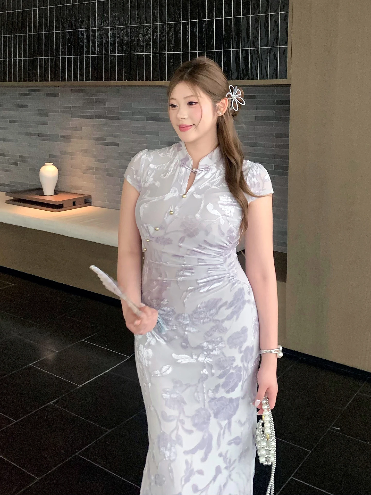 

plus Size Women's Summer Floral Embroidery Waist Cinched Dress Chinese Style Long Skirt Purple Qipao High Waist Zipper Back