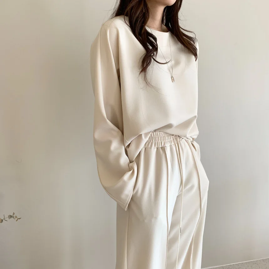 High Waisted Pants Suits Straight Slim Women Loose Fashion Two Piece Sets O-neck Long Sleeved Top Wide Leg Casual Pants Outfits