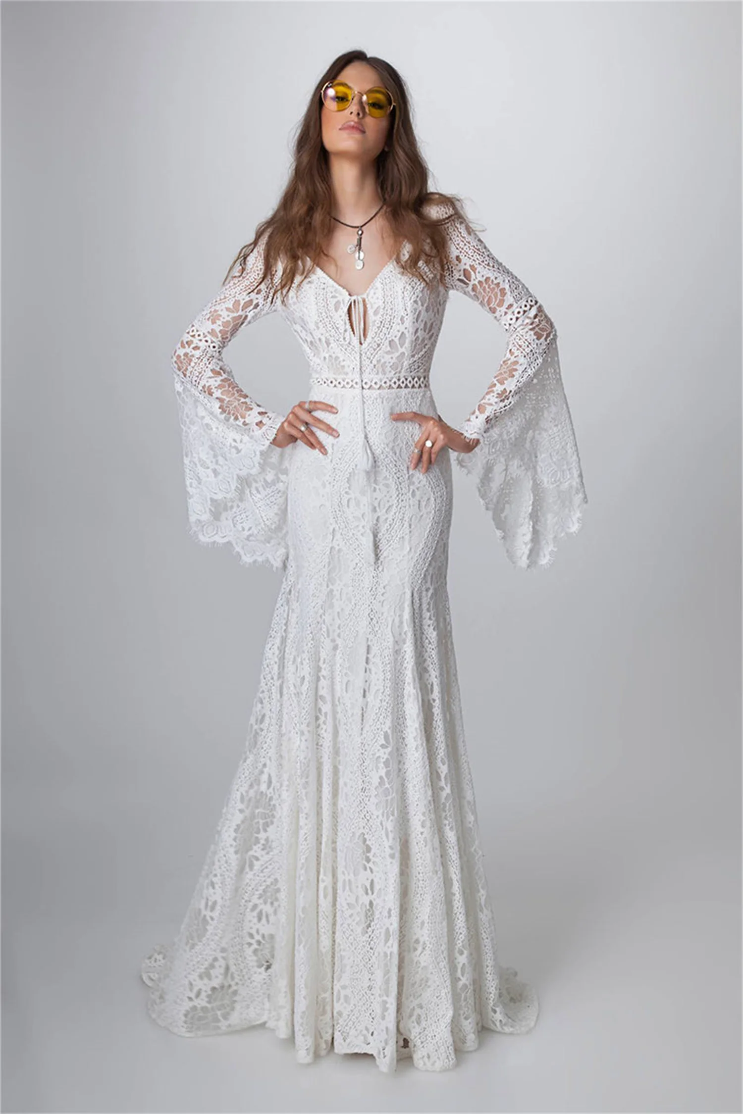 Lorrtta-Vestidos de Novia de encaje de ganchillo Vintage, vestidos de novia bohemios de manga larga con cuello en V, sirena Hippie, Occidental, campo