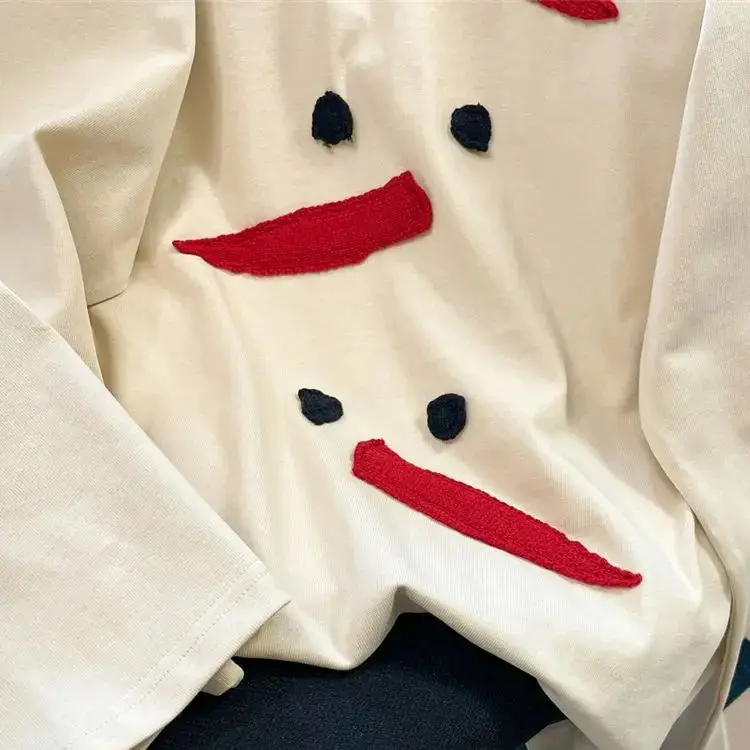 Round Neck Snowman Embroidered Long Sleeve T-Shirt 2024 Autumn New Loose Slim Design Bottoming Shirt Top