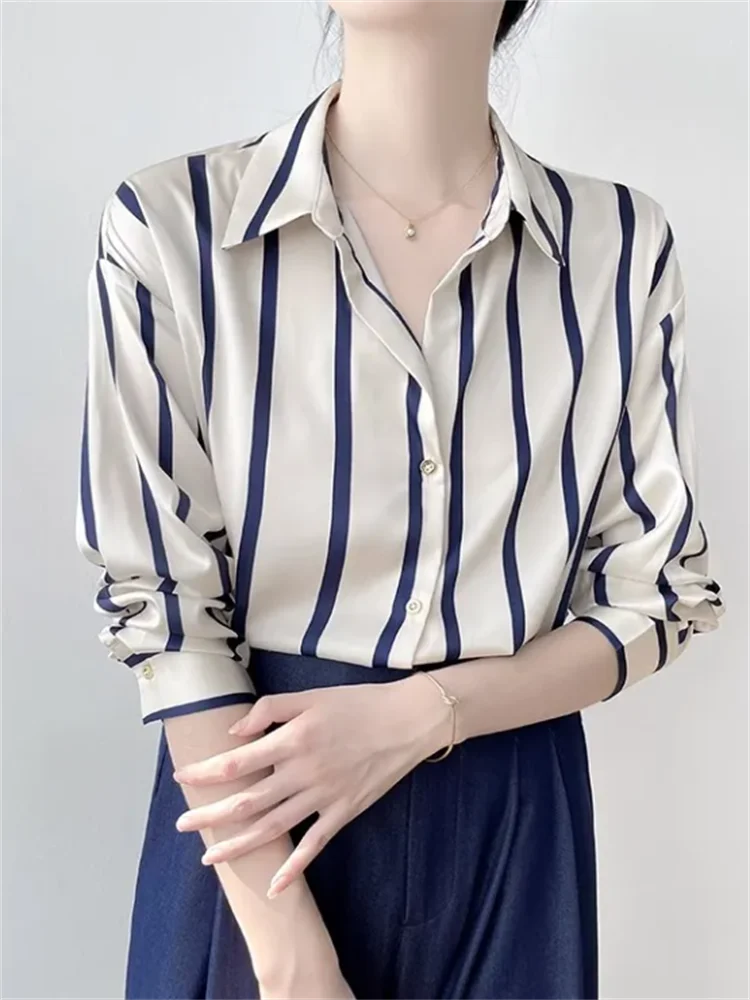 High Quality Satin Blouse Women Shirt Striped Shirt For Women Fashion Shirt OL Laple Long Sleeve Woman Clothes Blous Basic Shirt