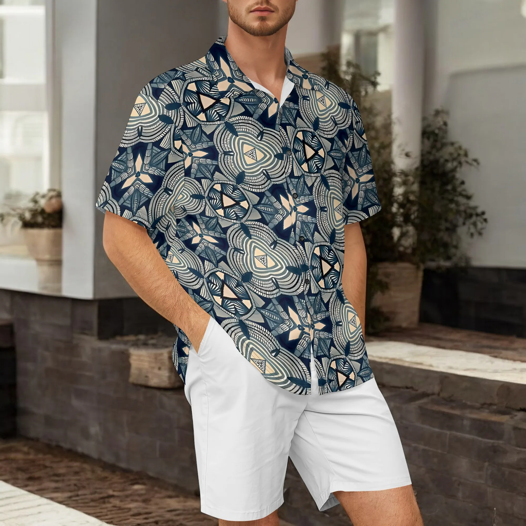 YEAE Geometric Stripe Print Shirt for Men Summer Casual Short Sleeve Top