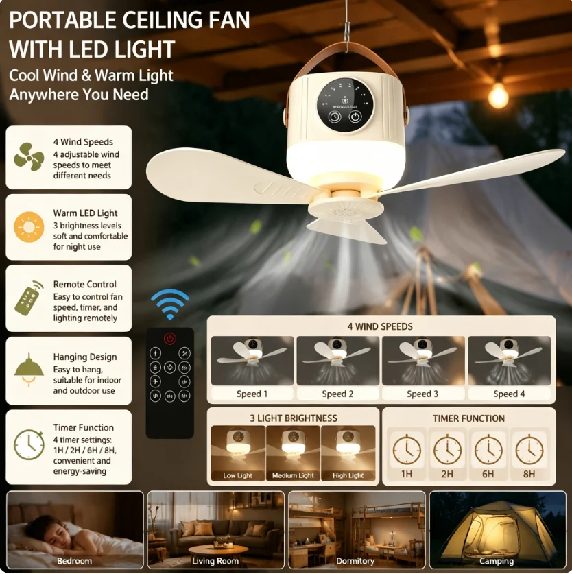 2026 Neuer Tragbarer Aufladbarer Deckenventilator Kabelloser USB-Hängeventilator für Studentenwohnheim Bett Outdoor Camping