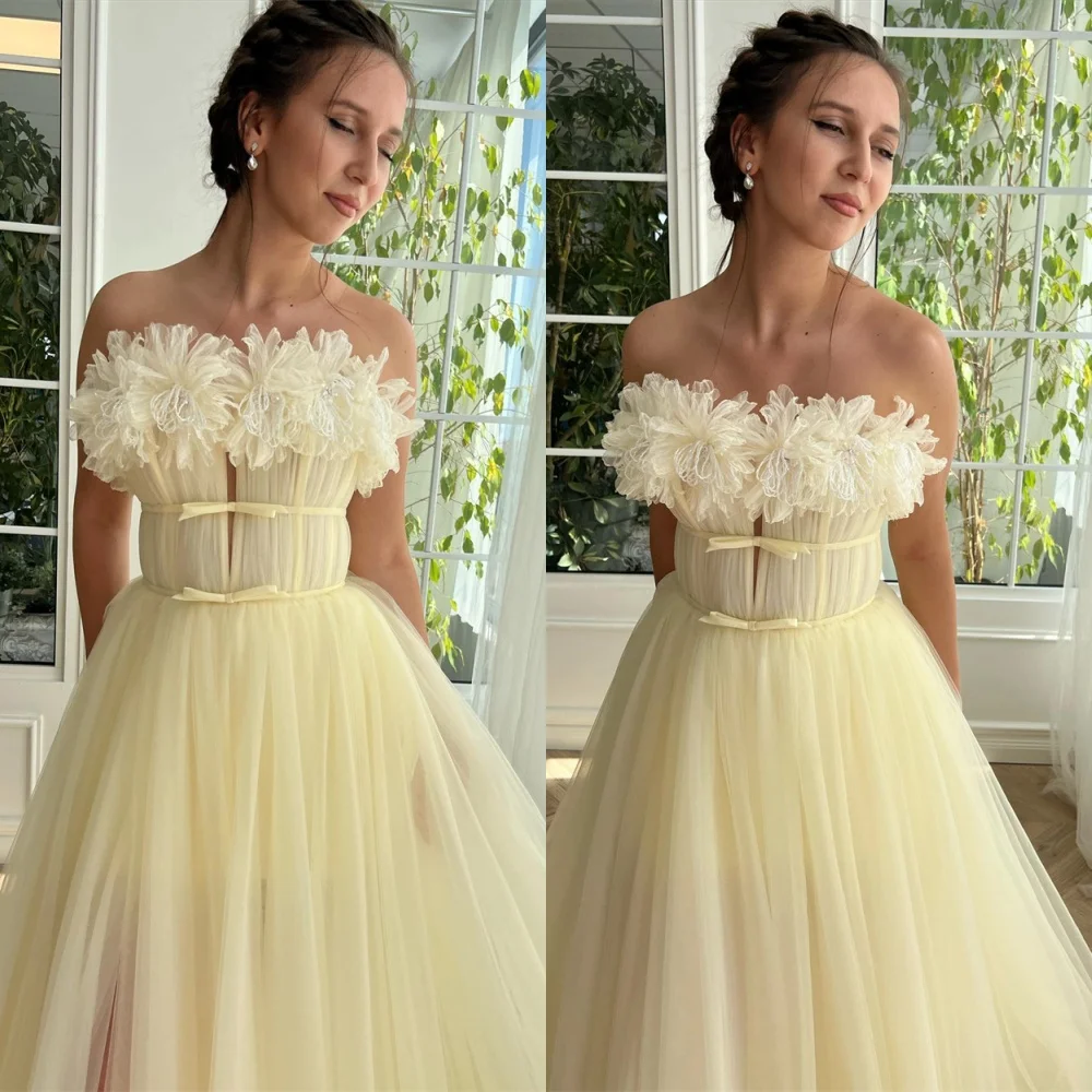 Personalizado simples amarelo tule vestido de noite clássico sem alças sem mangas vestidos de celebridades temperamento vestidos de ocasião especial