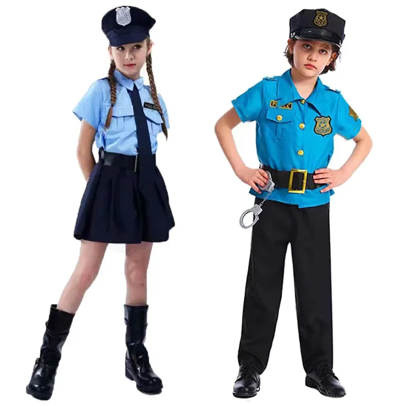 Kind Politieagent Cosplay Kostuum Jongens Meisjes Kid Politie Uniform Leger Politieagenten Kleding Halloween Rollenspel Feest Verkleedkleding