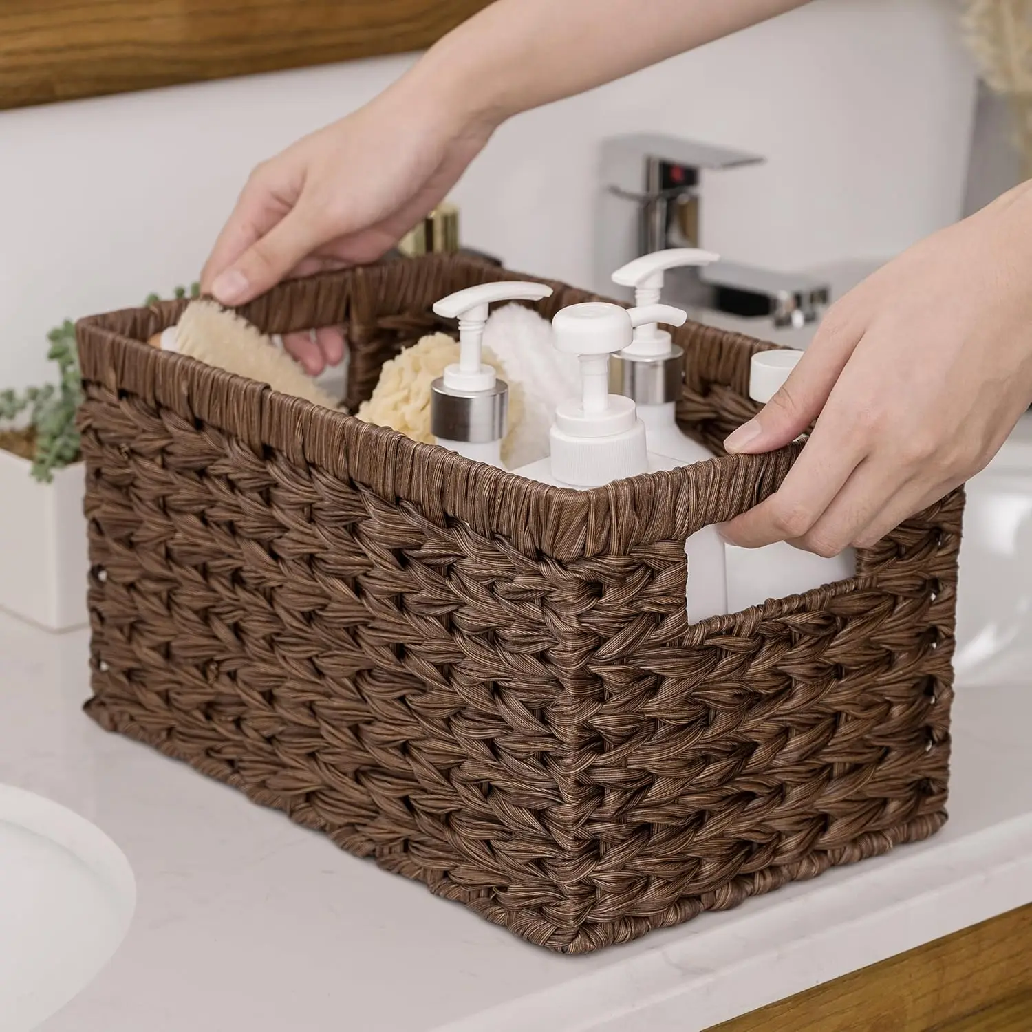 Waterproof Woven Storage Baskets, 2-Pack Brown Rectangular Organizers for Shelves and Pantry