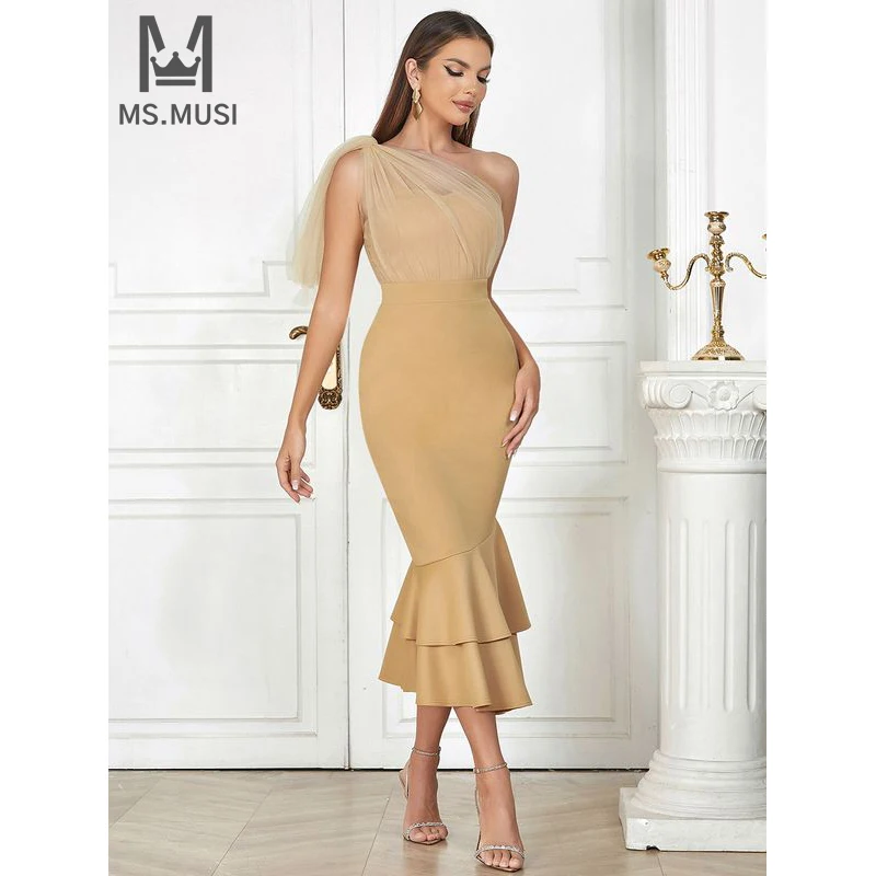 

MSMUSI 2024 New Fashion Women Sexy One Shoulder Lace Mesh Falbala Ruffles Draped Fold Sleeveless Bodycon Party Club Mini Dress