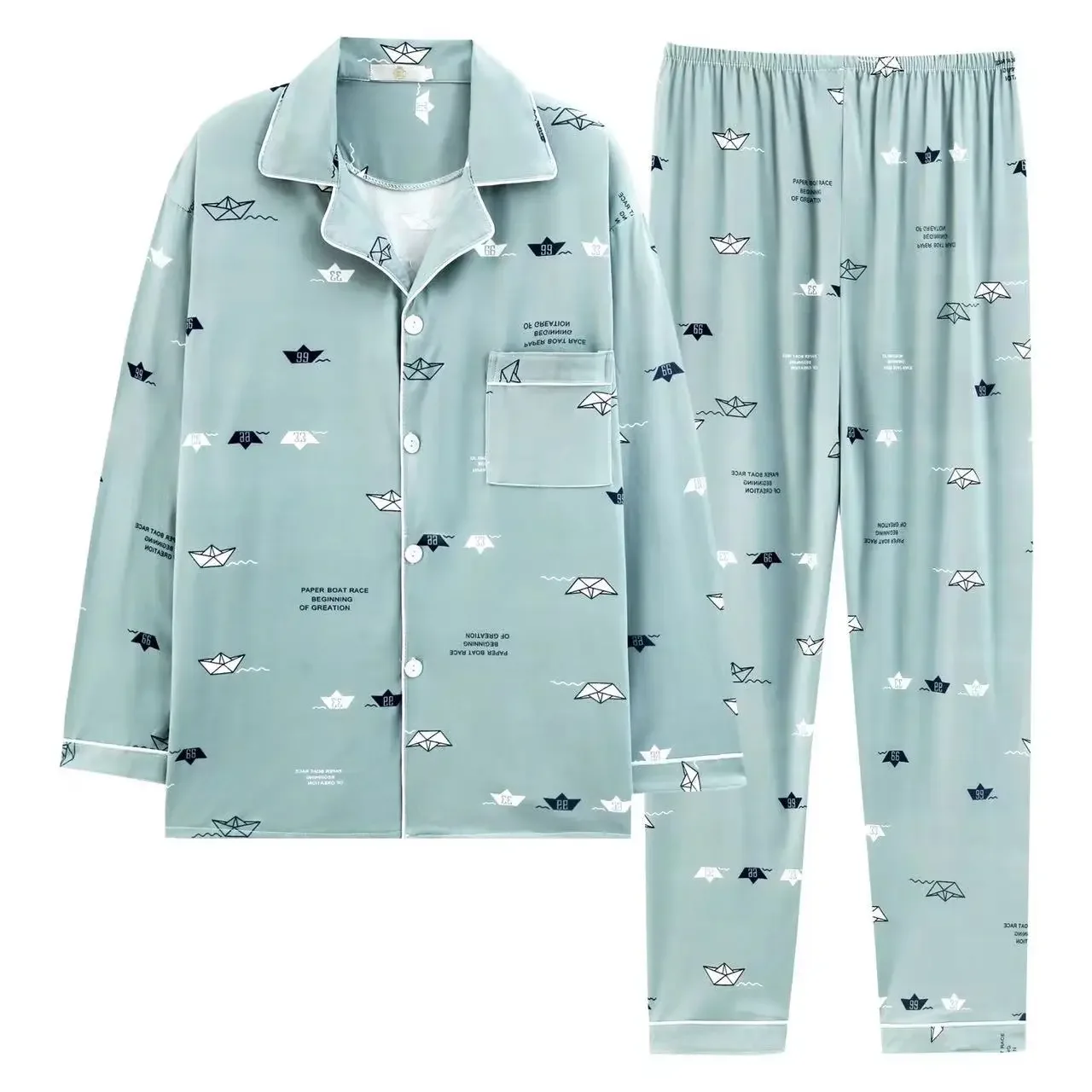 Confortável pijama masculino de manga comprida, cardigã azul claro, conjunto de roupas soltas para casa, primavera e outono