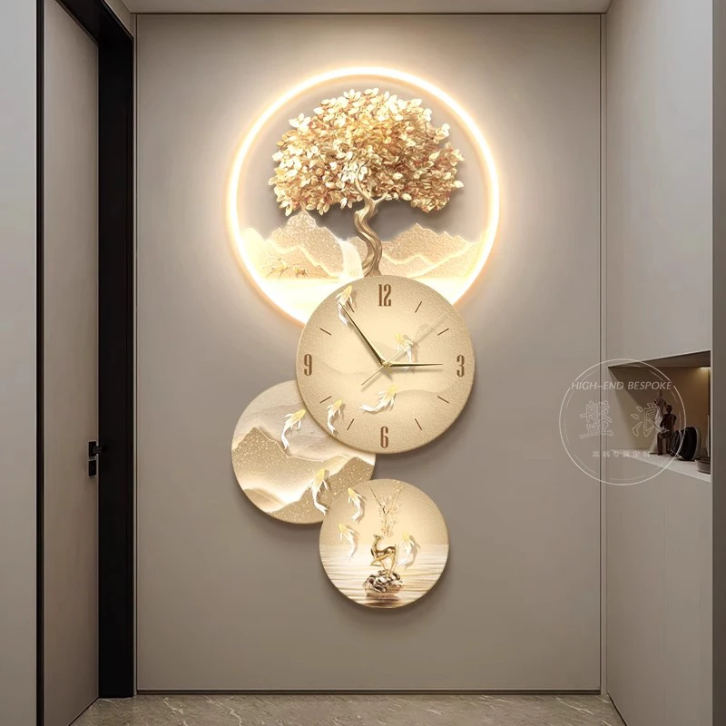 Light luxury nine fish picture, entrance decoration painting, ginkgo leaf electronic clock, wall lamp, high-end feeling, entranc