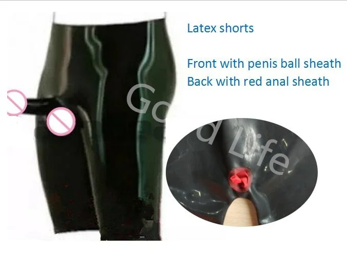 

New Latex Boxer Shorts with Anatomical 2 Red Sheaths Rubber panties Ball Sheath Underwear Underpants plus size